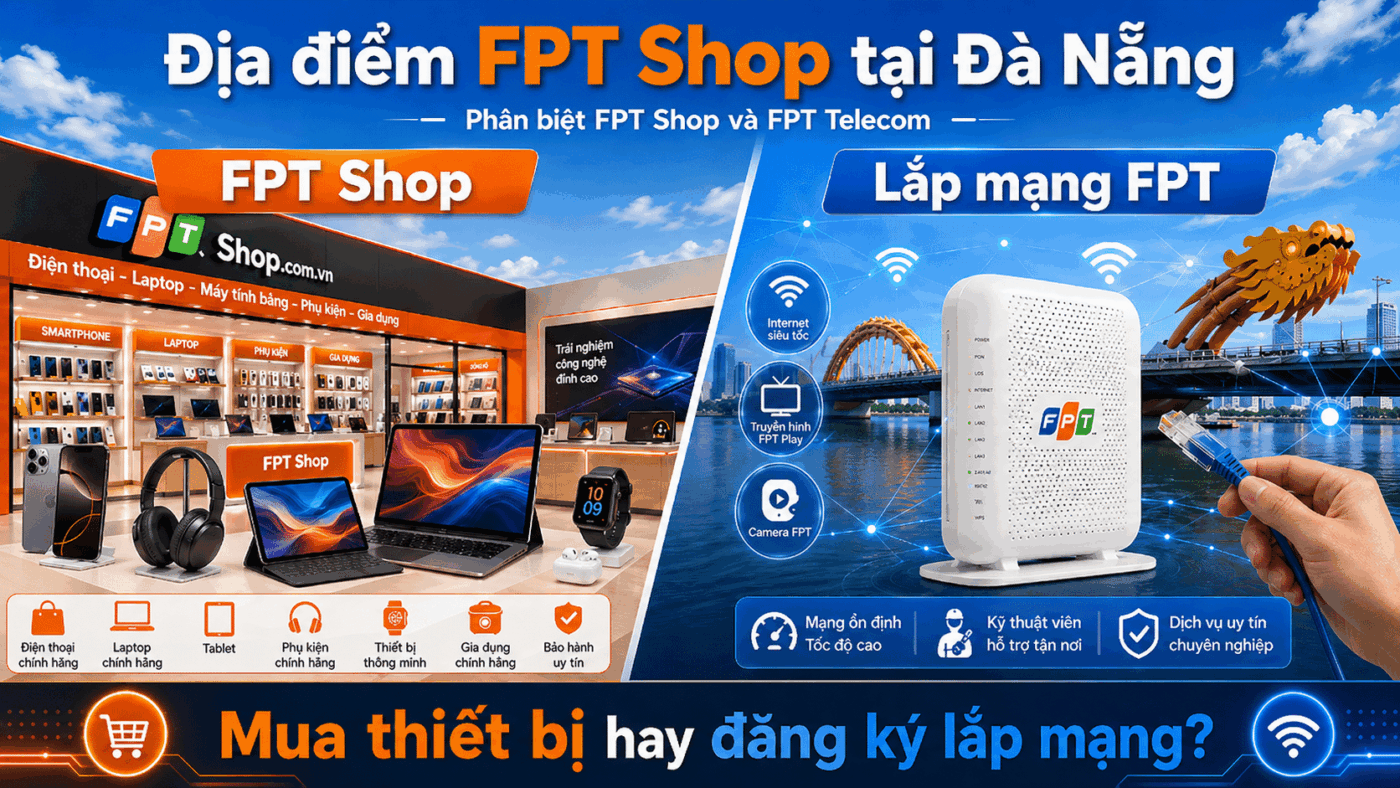 Banner bài viết địa điểm FPT Shop tại Đà Nẵng, phân biệt FPT Shop và lắp mạng FPT Telecom tại Đà Nẵng.
