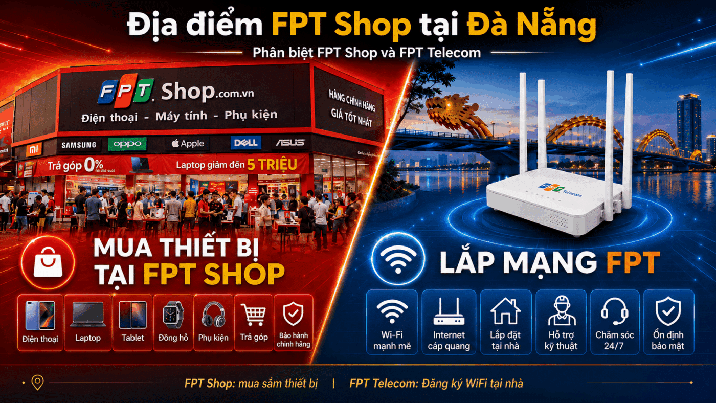Banner bài viết địa điểm FPT Shop tại Đà Nẵng, phân biệt FPT Shop và lắp mạng FPT Telecom tại Đà Nẵng.